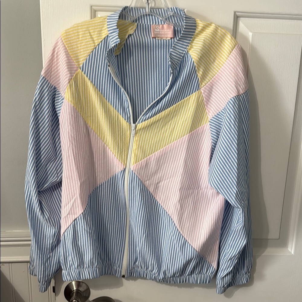 Blue and Pink Bomber Jacket with Retro Color-Block Design